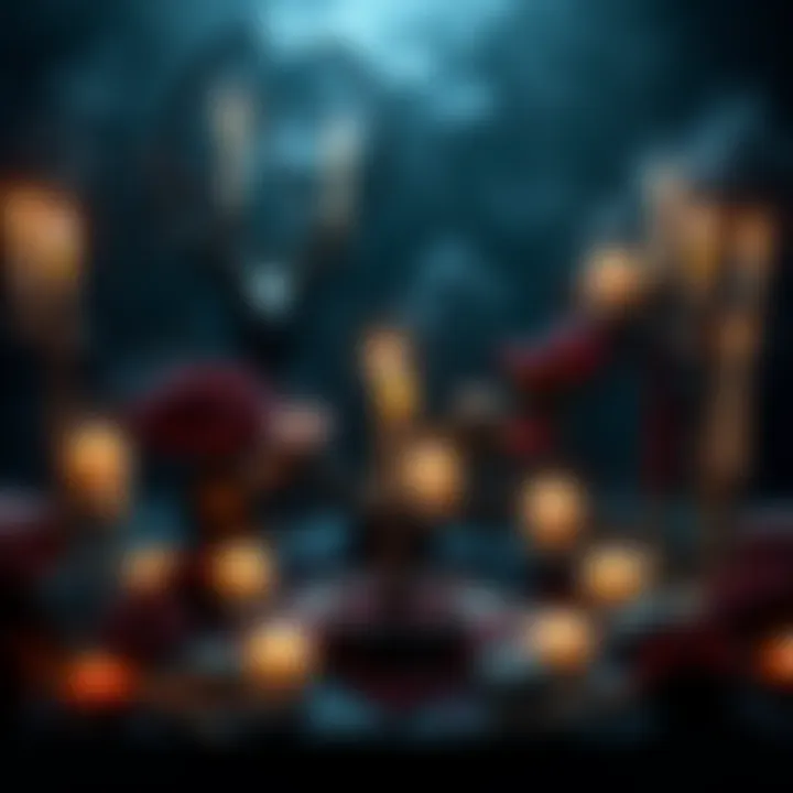 A sacred altar dedicated to Hades, adorned with candles, dark flowers, and various offerings like stones and incense.