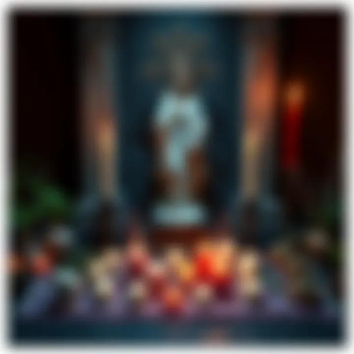 A simple altar decorated with candles, herbs, and a statue of Hekate, representing a beginner's spiritual practice.