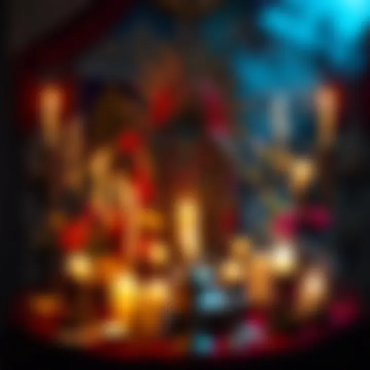 Altar for Santa Muerte A decorated altar featuring a Santa Muerte statue surrounded by candles, flowers, and offerings for love and protection.