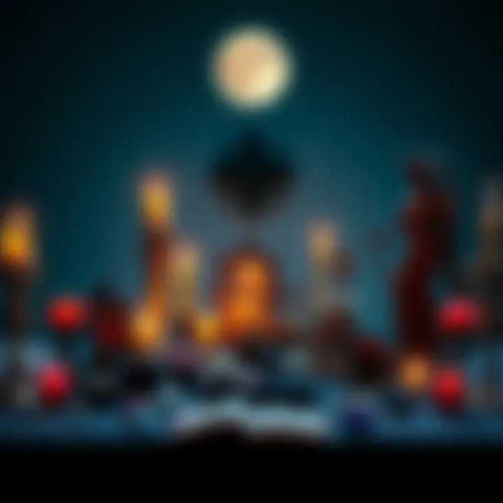 An altar setup featuring candles, crystals, and symbols representing God on one side and Goddess on the other, illuminated by moonlight.