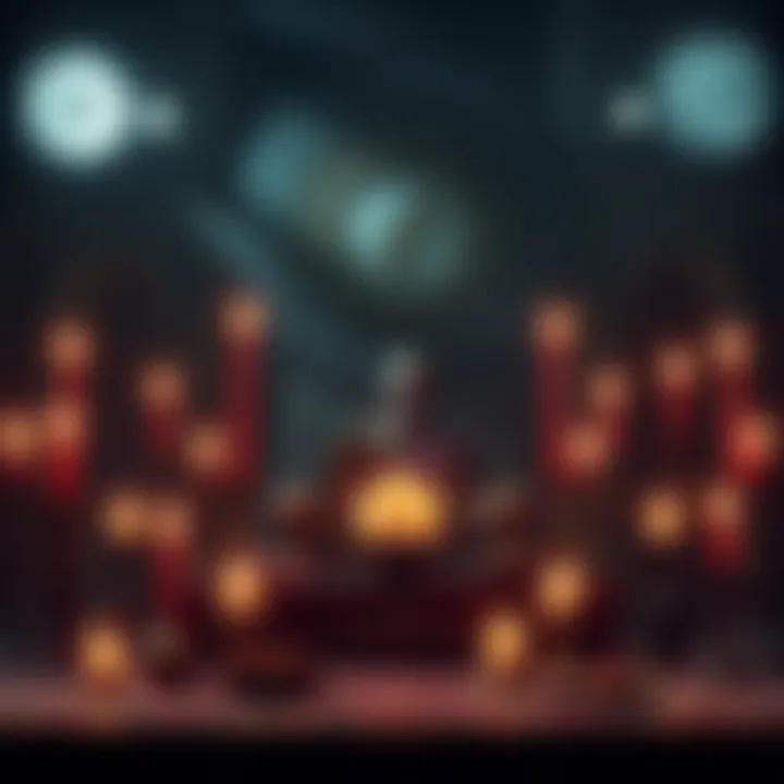 An altar surrounded by dark candles and mysterious symbols, with offerings placed on it, suggesting ritualistic practices.