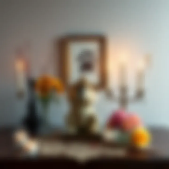 A serene altar setup featuring a small urn with a dog's cremated remains, framed paw prints, candles, and flowers, symbolizing a loving tribute to a beloved pet.