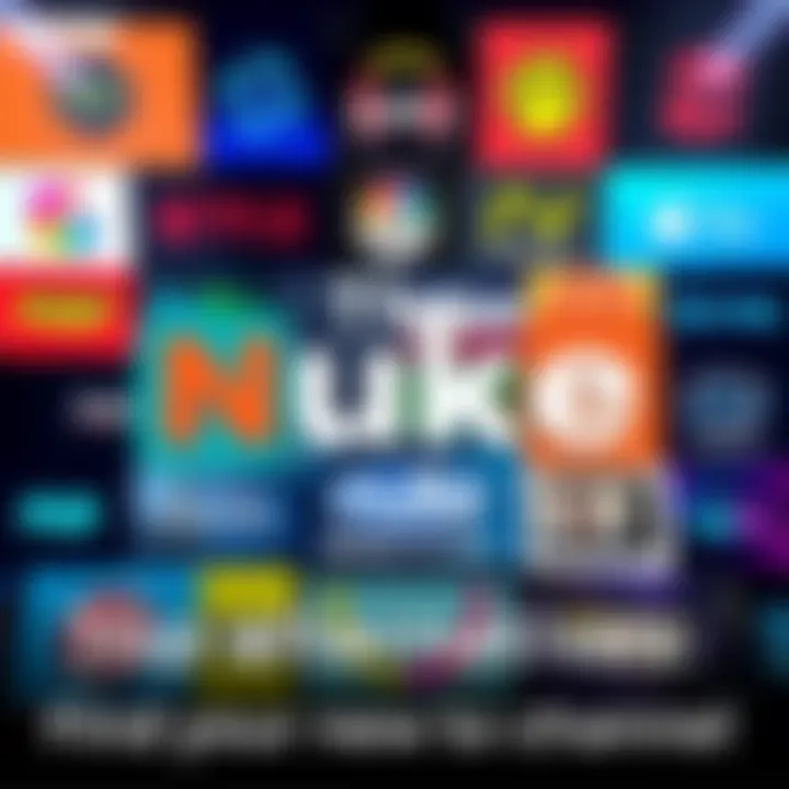 A collage of different entertainment channels, showcasing vibrant logos and themes similar to Nuke, representing a variety of genres and styles.