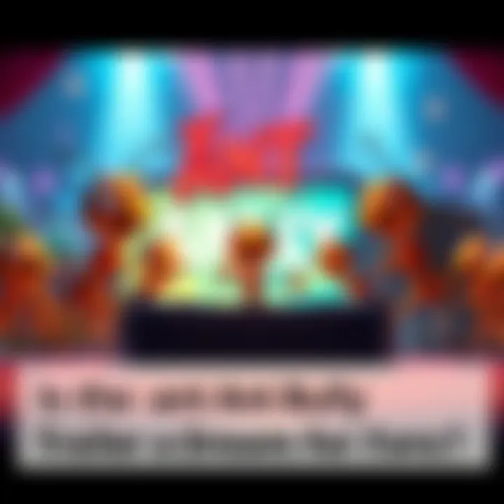 A colorful scene featuring animated ants gathering excitedly around a trailer preview, showcasing vibrant animation and joyful expressions.
