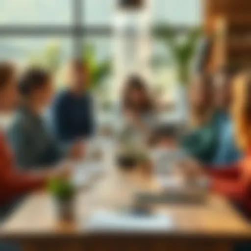 A group of people gathered around a table discussing alternative fuel and emotional healing, with plants and notebooks in view.