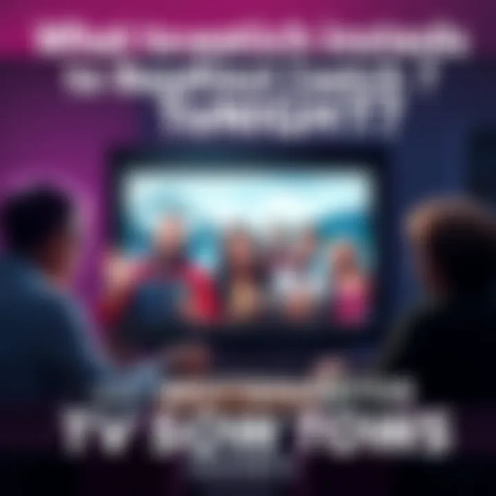 A group of people discussing what to watch instead of Deadliest Catch, with a TV in the background showing different show options