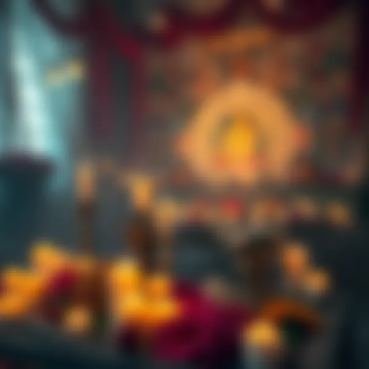 A serene space with candles and flowers arranged for honoring a deity, reflecting personal and creative approaches to veneration.