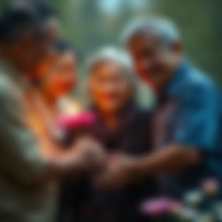 A 92-year-old woman with white hair smiles lovingly while holding hands with her family members, surrounded by soft light and flowers, symbolizing her spiritual journey and connection to Amitabha Budd...