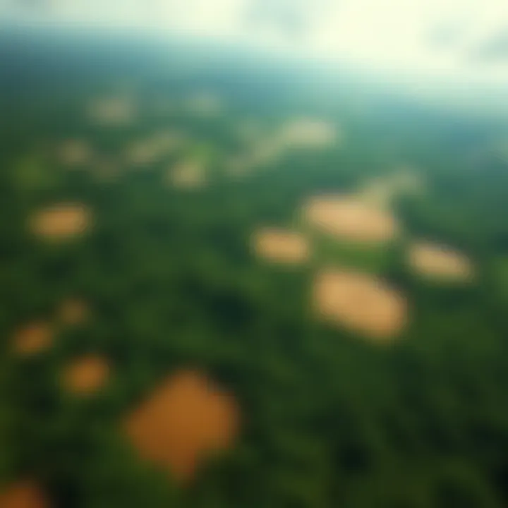 Aerial view of large circles and squares carved into the green Amazon rainforest, showing the unique patterns in the landscape.