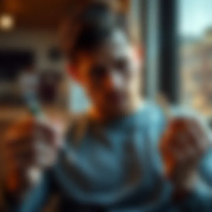 A 30-year-old ambidextrous male thoughtfully considers life choices with a pen in each hand, looking for guidance on career and relationships.
