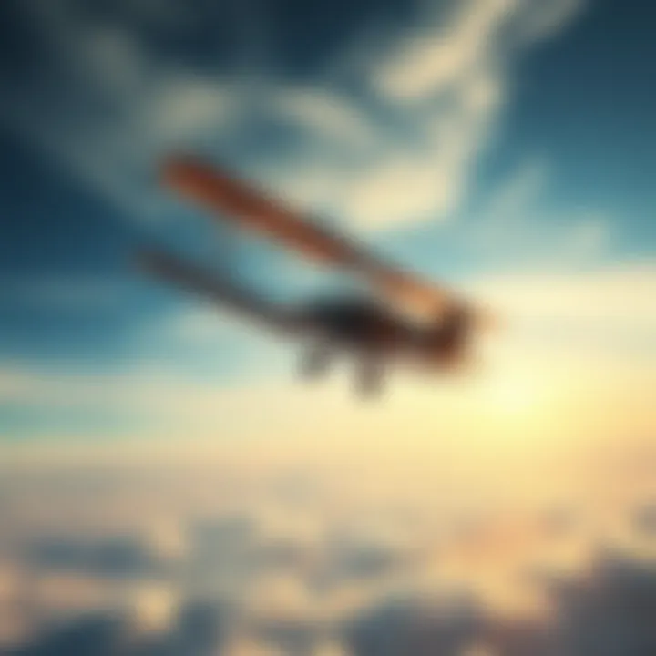 A vintage biplane soaring through the sky over the Pacific Ocean, symbolizing Amelia Earhart's final journey.