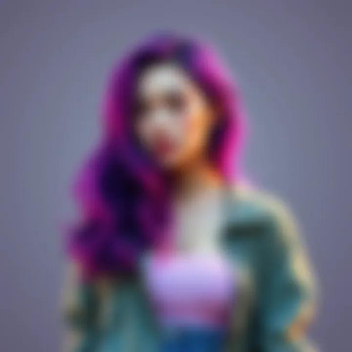 Amelia, with striking purple hair, poses confidently in casual attire, embodying her bold style and alt-right beliefs.