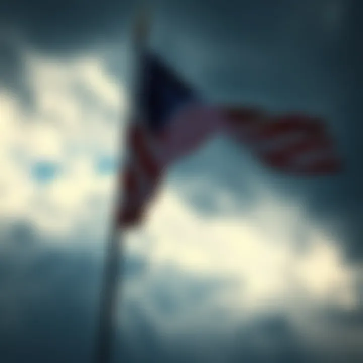 An American flag flying against a backdrop of dark, ominous clouds, symbolizing tension and uncertainty.