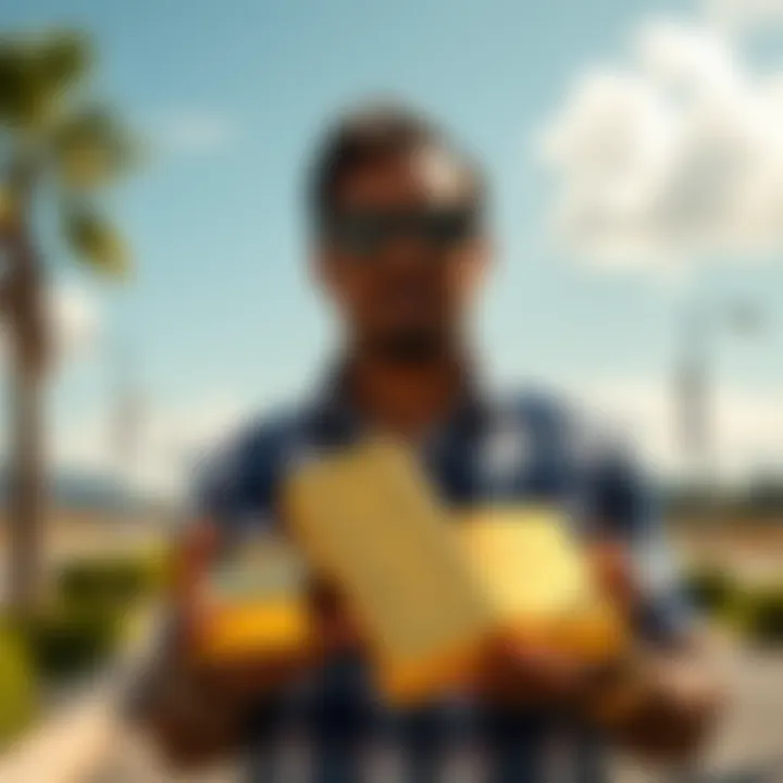 An American man holding gold bars outside in a sunny environment, with hints of Venezuelan landscapes in the background.