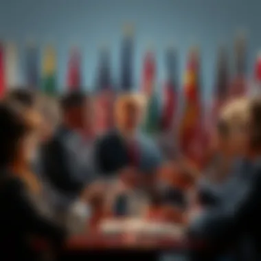 A diverse group of Americans engaging in a discussion about political loyalty, with flags of various countries in the background.