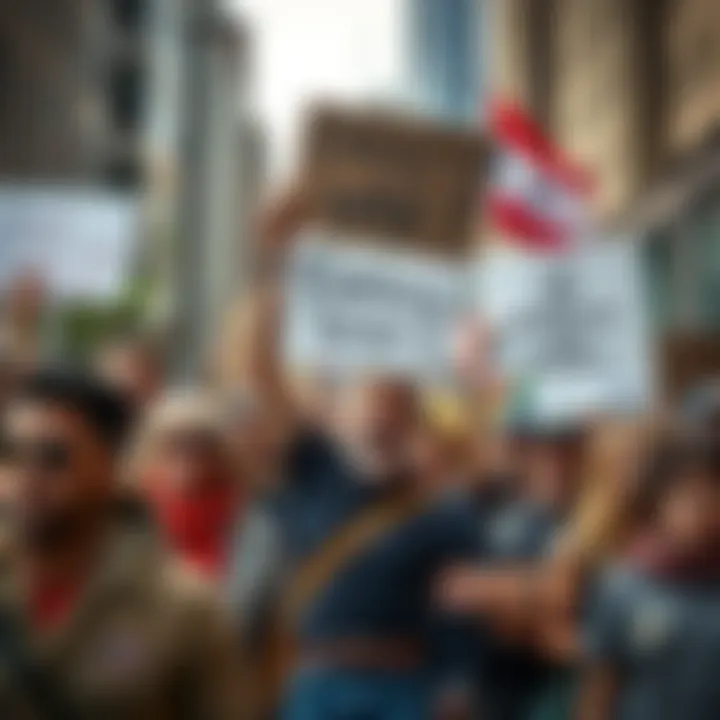 Frustrated Americans protesting against war involvement A diverse group of Americans holding signs expressing anger over military actions and calling for peace, gathered on the streets during a rally