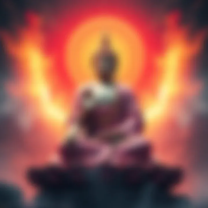 Amitabha, depicted in a serene pose, surrounded by a radiant aura, symbolizing enlightenment in Pure Land Buddhism