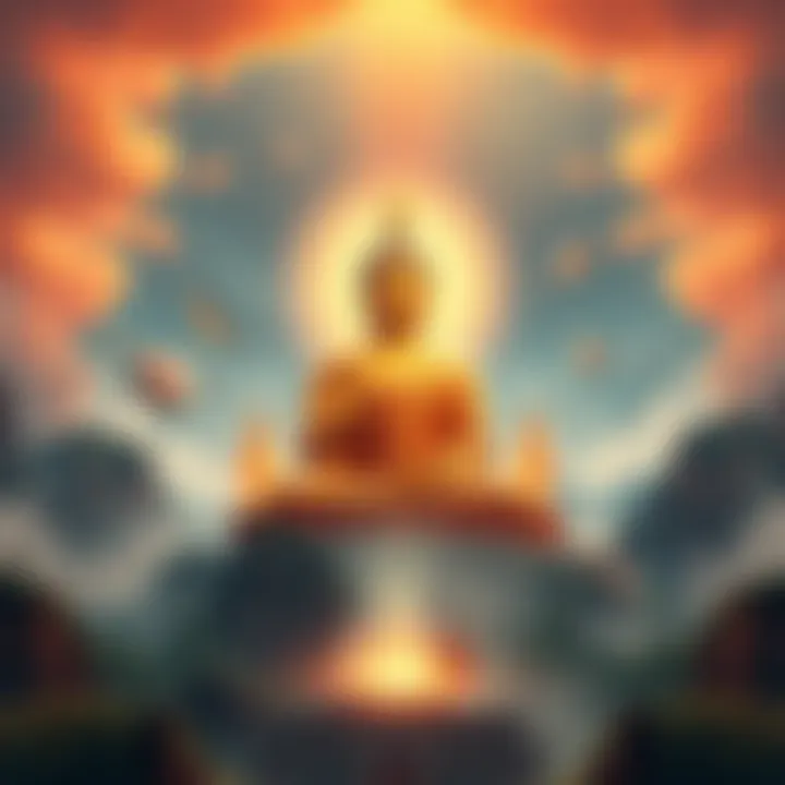 Amitabha Buddha surrounded by serene landscapes, symbolizing the debate on Pure Land realism and metaphor.