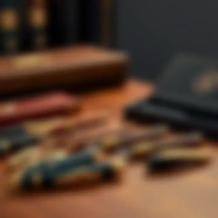 A selection of stylish Amitabha Pens displayed on a wooden table, showcasing their unique design and craftsmanship.