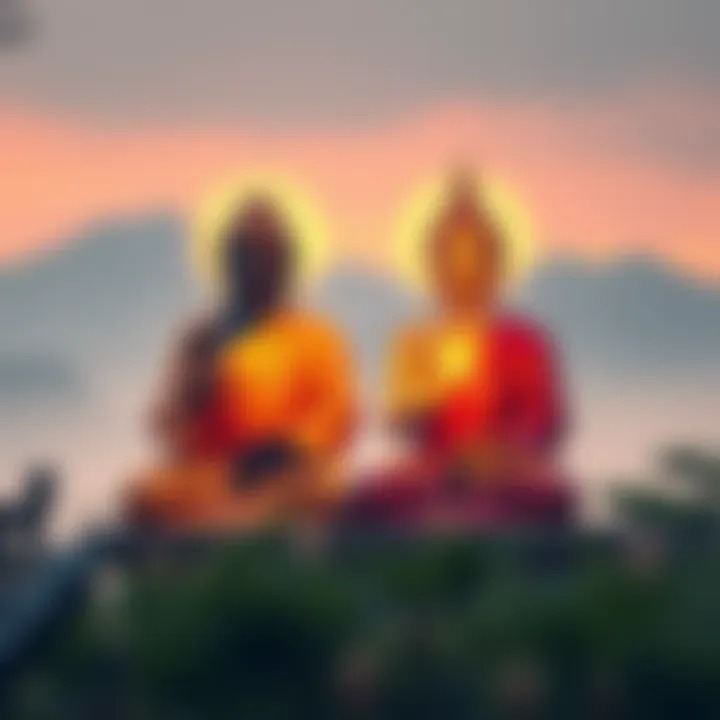 Amitabha and Sakyamuni Buddhas depicted as brothers in a serene setting, symbolizing their journey toward enlightenment in the Lotus Sutra.