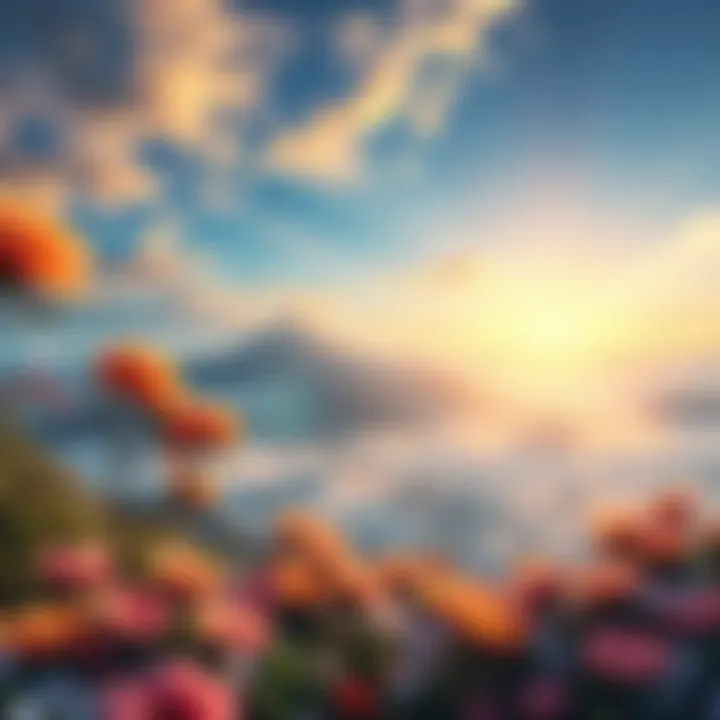 A serene landscape representing Amitabha's Pure Land with vibrant flowers and peaceful skies