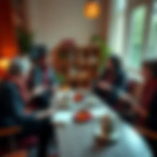 A group of AMORC members sitting in a cozy setting, discussing their experiences and insights about the organization, with notebooks and cups of tea on the table.