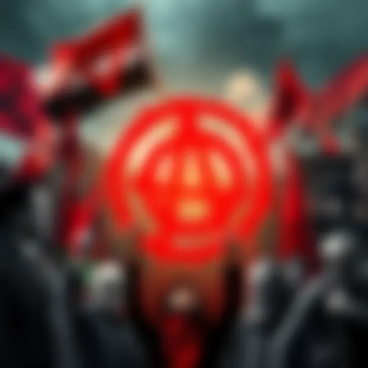 Various symbols representing anarchism with historical images of key figures and moments, set against a backdrop of protest imagery.