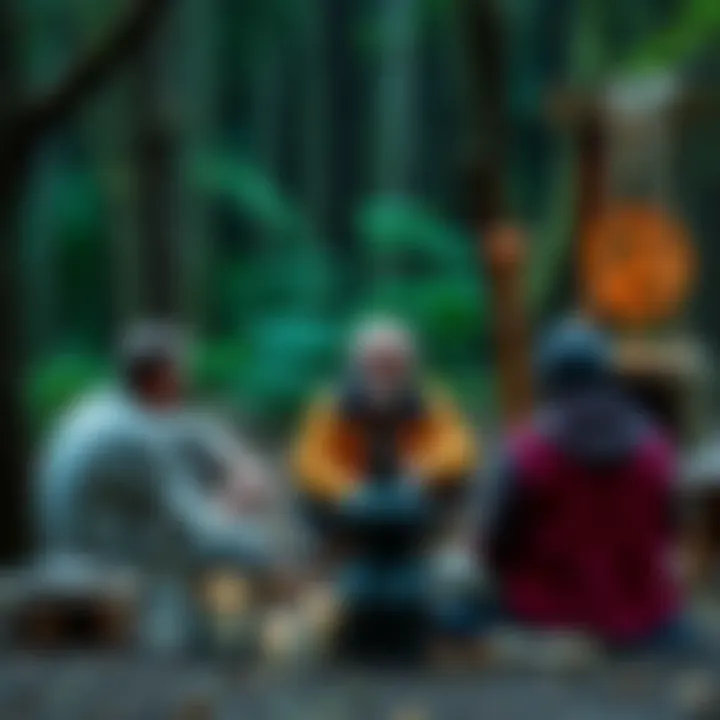 A group of people discussing anarchist paganism in a natural setting with symbolic artifacts around them.
