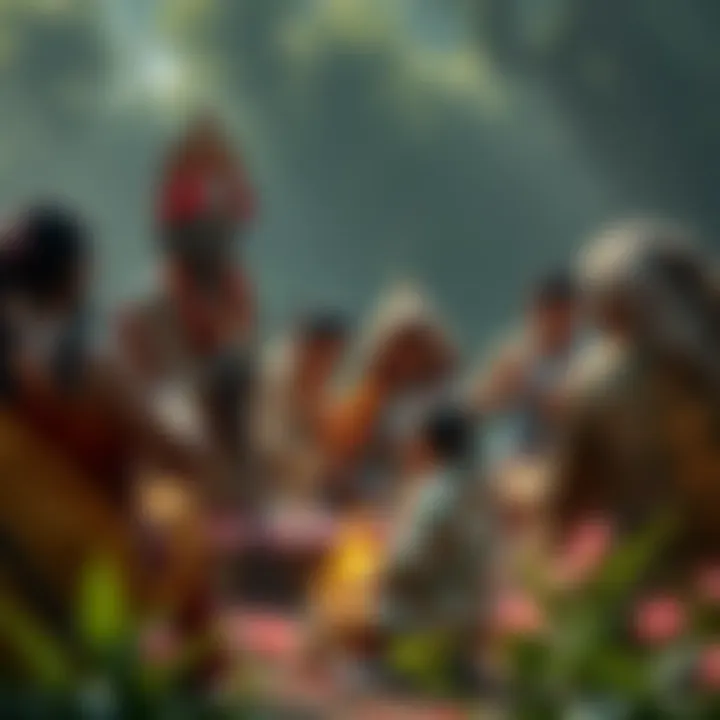 A group of people performing rituals to honor their ancestors with offerings and prayers in a serene setting.