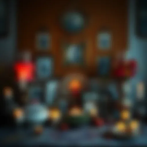 A beautifully arranged ancestor altar featuring family photographs, candles, and heirlooms like fine china, creating a warm and respectful display