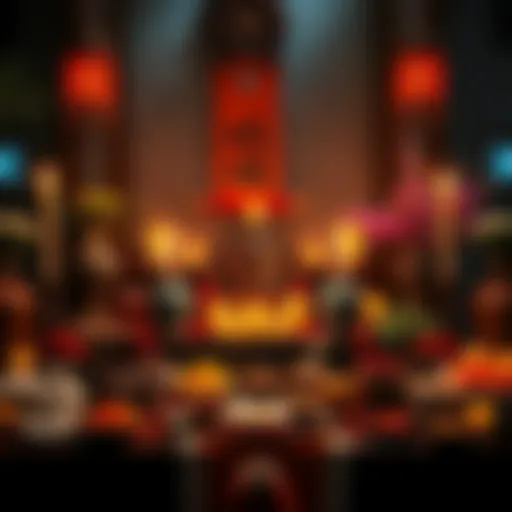 A traditional ancestral altar decorated with candles, flowers, and food offerings, symbolizing respect for ancestral spirits in the context of reincarnation.