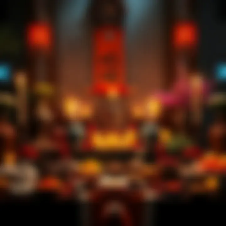 A traditional ancestral altar decorated with candles, flowers, and food offerings, symbolizing respect for ancestral spirits in the context of reincarnation.