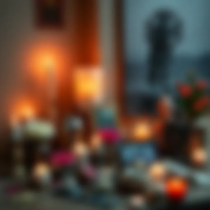 A personal ancestral altar featuring candles, flowers, and photographs of ancestors, showcasing a blend of cultural symbols and spiritual items.