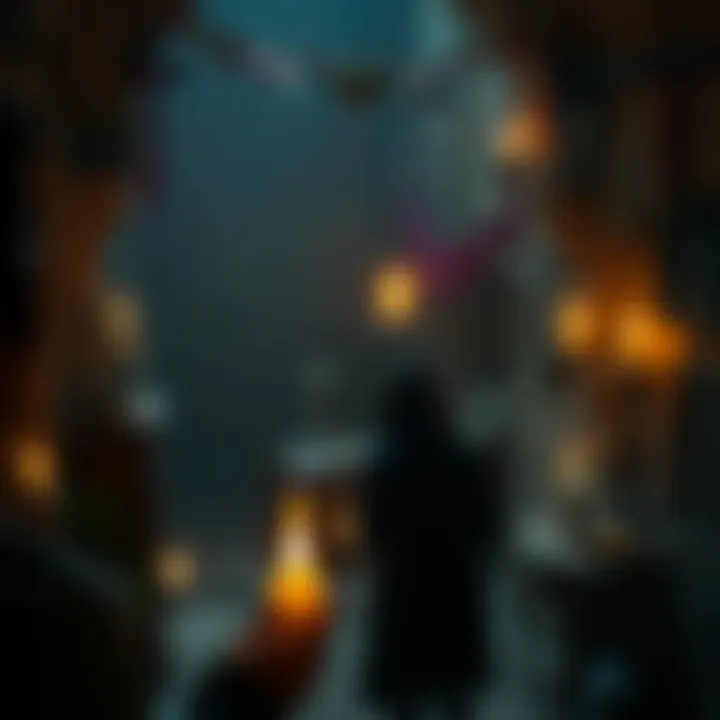 A person holding a candle in a dimly lit room adorned with Vodoun symbols and ancestral artifacts, reflecting on their personal journey.