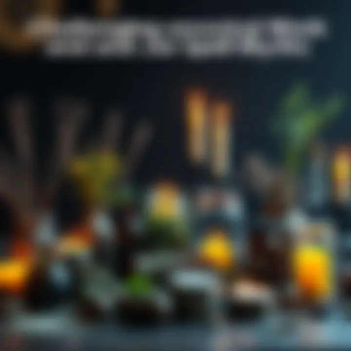 A collection of ancestral work tools and jar spells displayed on a table, showcasing herbs, candles, and jars, with a warm candlelight glow.