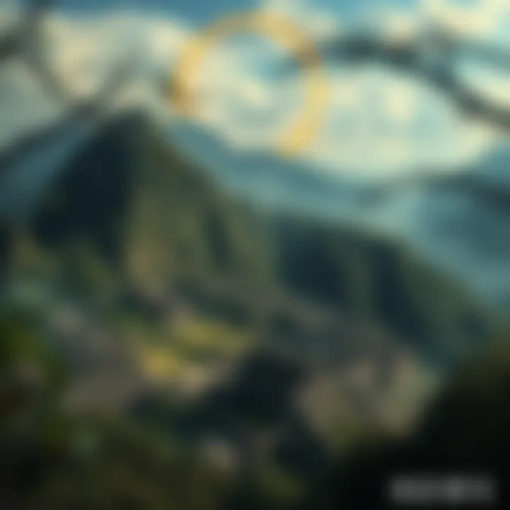 A depiction of a lost ancient civilization with ruins, forests, and mountains reflecting a time before humans. A hint of advanced technology in the background.