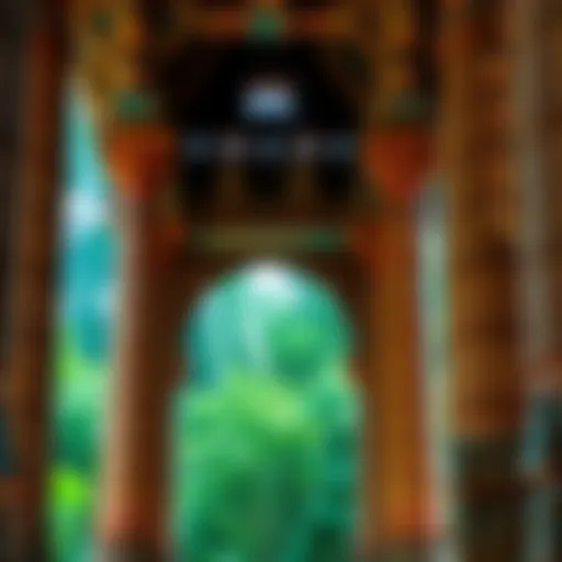 A detailed view of carved stone pillars and intricate designs of an ancient Indian temple, showcasing its architectural precision and durability, surrounded by lush greenery.