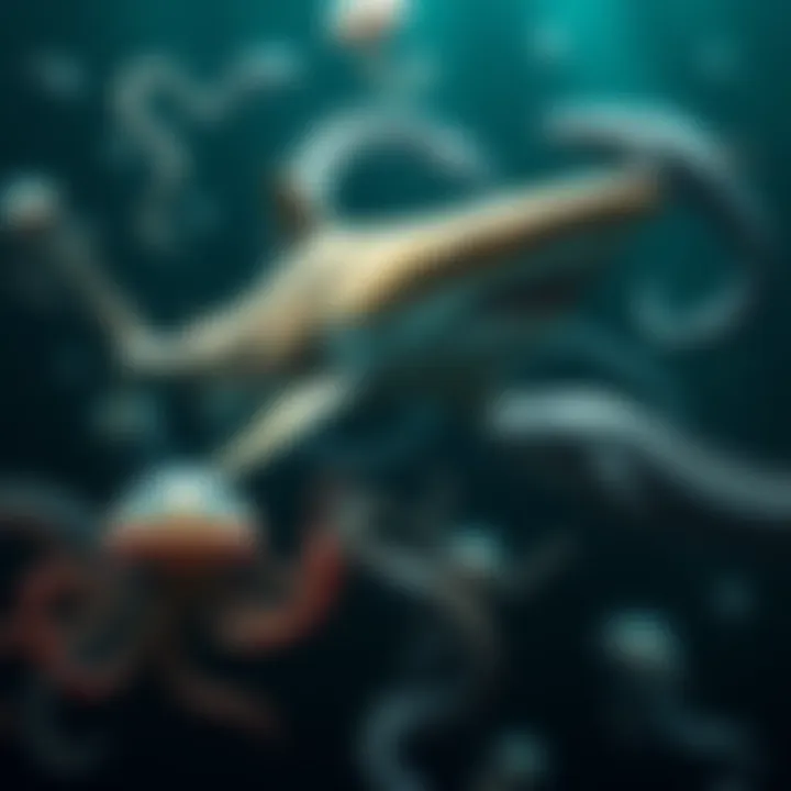 A collage of various sea creatures like a Greenland shark, an immortal jellyfish, and a mysterious sea serpent in a dark ocean environment.