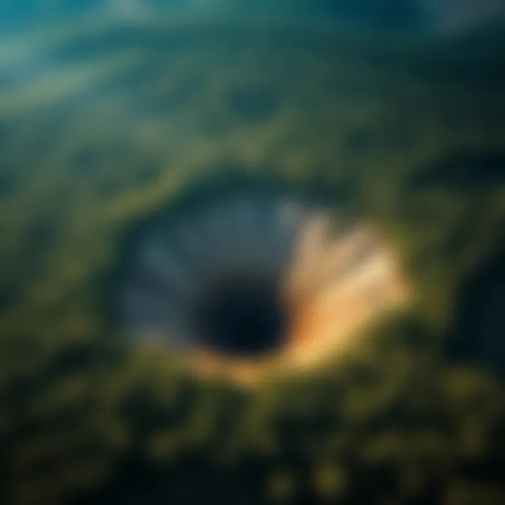 Aerial view of a shallow depression in a forested area showing evidence of ancient airburst.