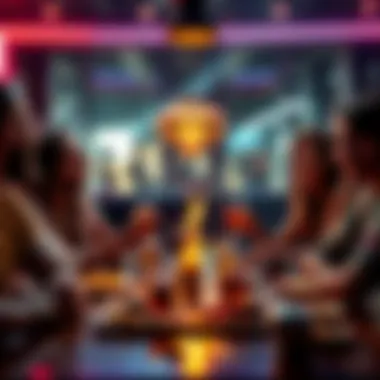 A group of friends enjoying the Ancient Aliens drinking game with drinks and snacks on a table, laughter in the air.