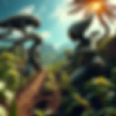 A depiction of advanced beings planting seeds in a lush landscape, symbolizing alien influence on Earth's evolution and human culture.