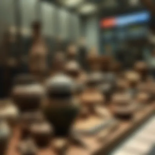 A collection of ancient artifacts displayed, showcasing pottery and tools from past civilizations.