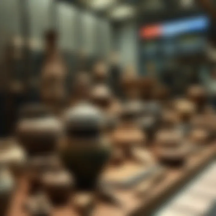 A collection of ancient artifacts displayed, showcasing pottery and tools from past civilizations.