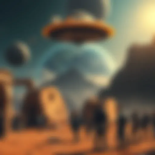 Ancient Astronauts Exploring Earth A representation of ancient astronauts visiting Earth, with a spaceship hovering above a historical site surrounded by curious people.