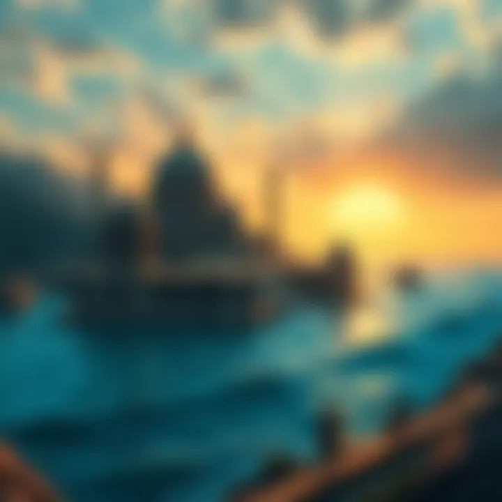 A depiction of an advanced ancient civilization with advanced technology and structures, surrounded by water, representing the mythical Atlantis before a great flood.