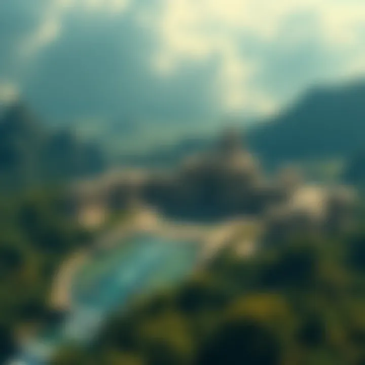 An artistic depiction of the lost city of Atlantis, featuring grand structures and lush green surroundings, highlighting its past grandeur before environmental changes.