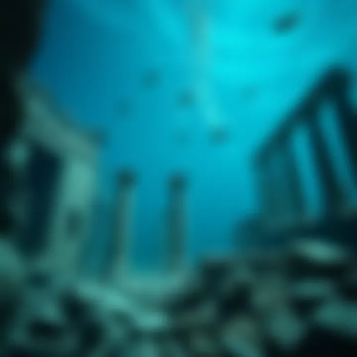Ancient Atlantis Ruins Ruins of an ancient city submerged underwater, with broken columns and statues surrounded by sea life.