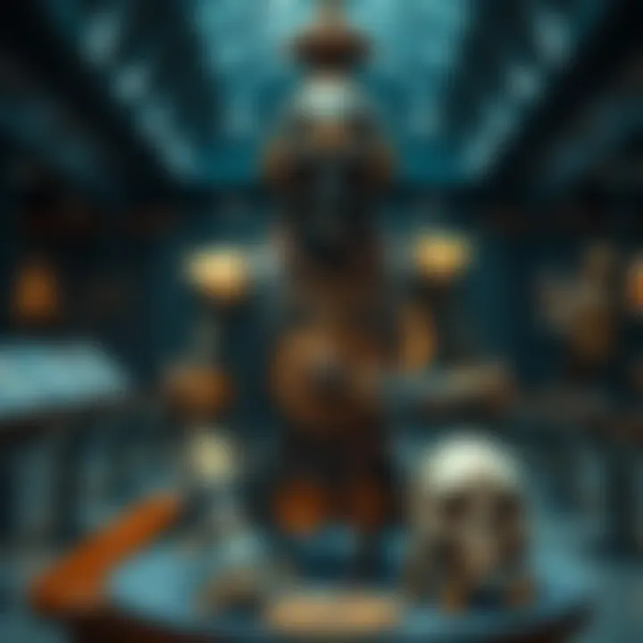 A depiction of an ancient automaton in a museum setting, showcasing its intricate design and mechanisms.