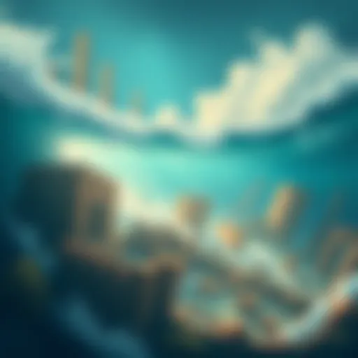 Illustration of ancient city ruins submerged under water with ocean waves surrounding them, representing Atlantis and lost civilizations.