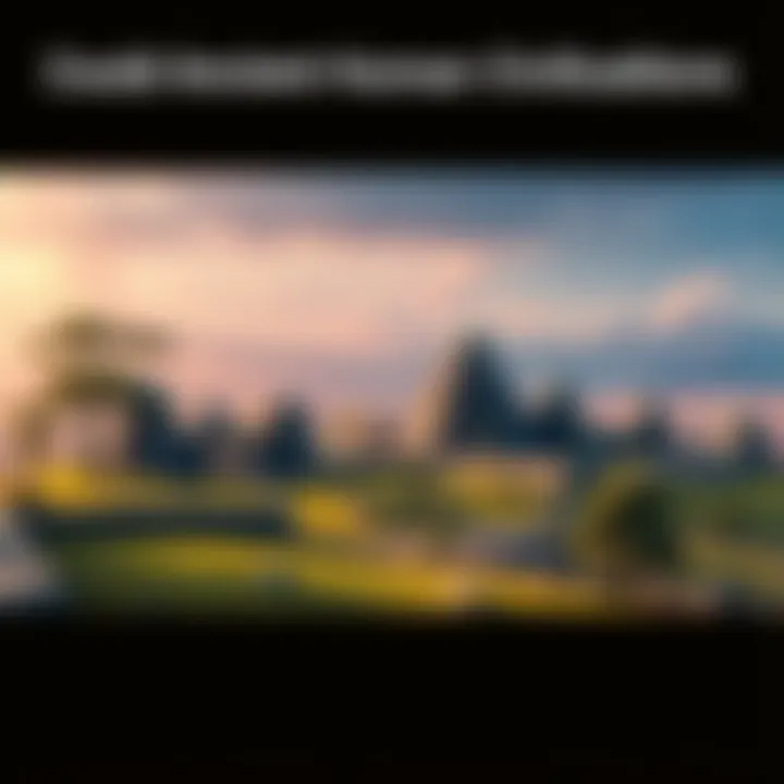 A representation of an ancient human civilization with stone structures and trees, set against a vast landscape to suggest a time long ago.